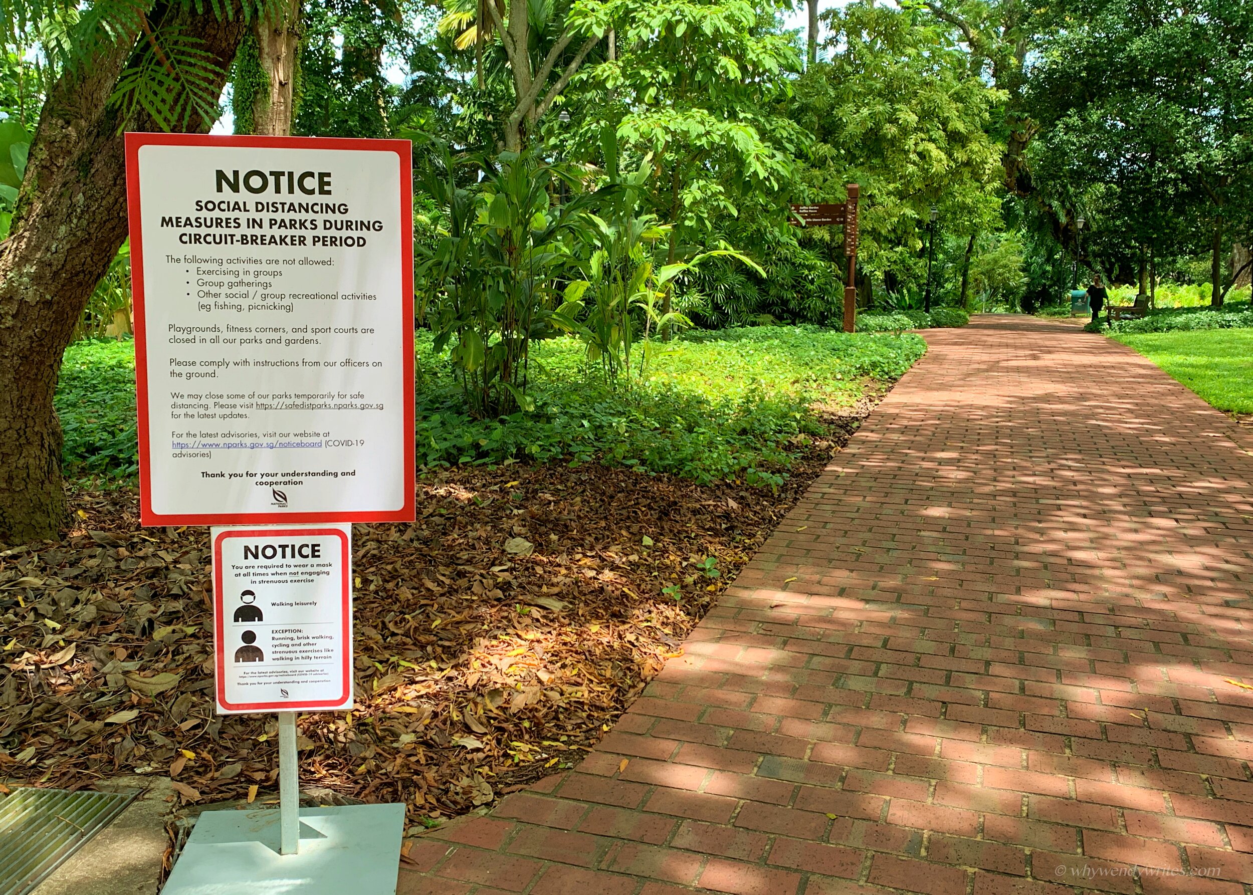 Social distancing notice in Fort Canning Park