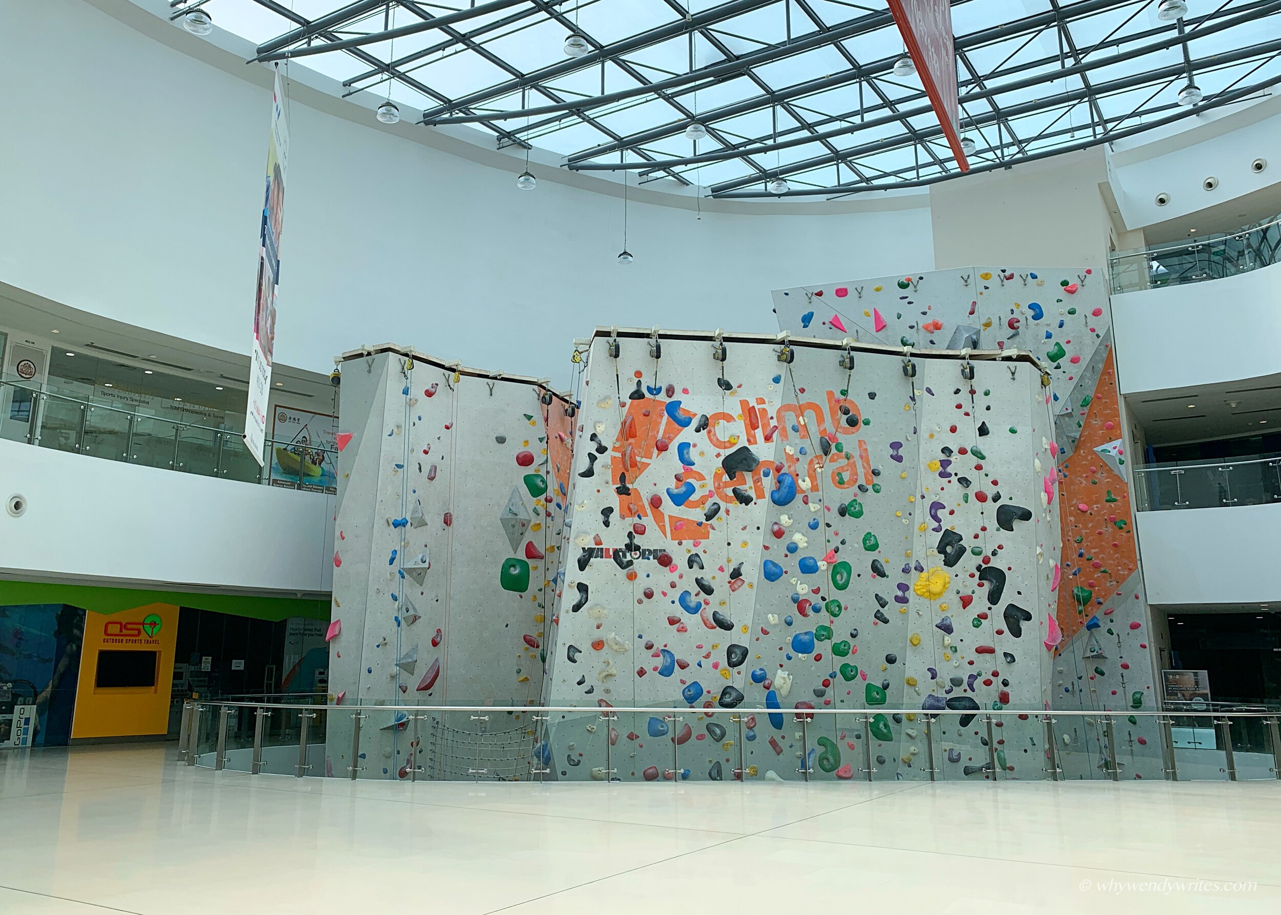 An indoor rock climbing wall without climbers
